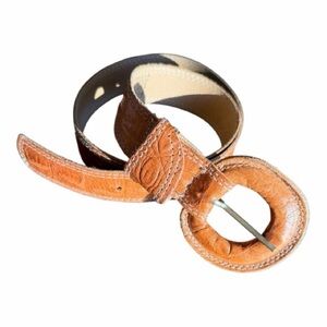 Vintage Leather Belt by FOB Trading Tan Leather Buckle
